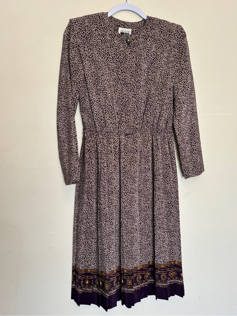 Vtg 80s Leslie Fay Boho Pleated Midi Shirt Dress 6P Retro Leopard Whimsigoth
